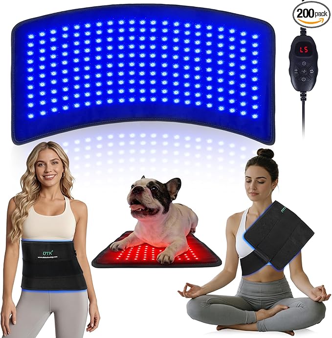 UTK Blue & Red Light Therapy Mat for Body, 23" x 11" Large Infrared Light Therapy Pad, 210 LEDs 470nm & 660nm & 850nm Wavelengths for Waist Back Shoulder Knee Joint Pain Relief, Gift for Women Men