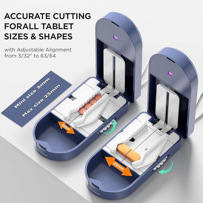 Pro U | V C-Pill Cutter & Organizer - Luminescent LED Status Light | 3-25mm Adjustable Blades | Splinter-Free Cutting | Detachable Washable Compartment for Elderly-Mom (Blue)