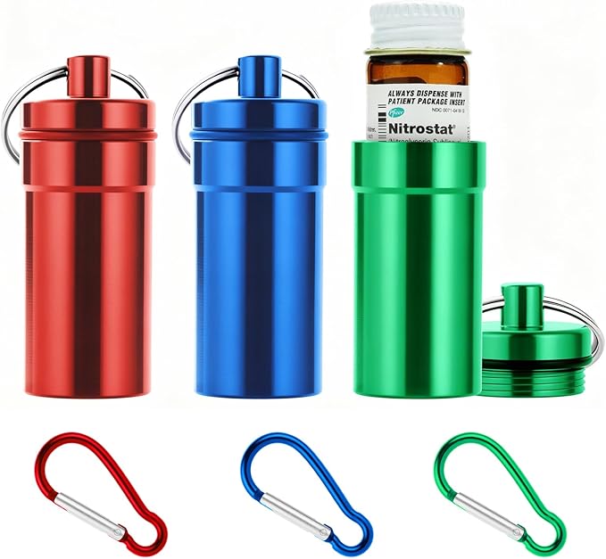 Keychain Pill Holder for Nitroglycerin, 3 Pack Mini Waterproof Portable Travel Purse Pocket Pill Case, Keychain Fob Container for 25ct Nitro/Nitroglycerin Bottle (3pcs-Red + Blue + Green)