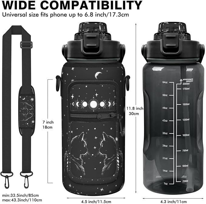 Goth Cat Half Gallon Water Bottle with Sleeve -Flip Top Bpa Free 64 OZ - Motivational Time Marker Leakproof Water Jug - Goth Gifts for Women - Halloween Gothic Cat for Gifts