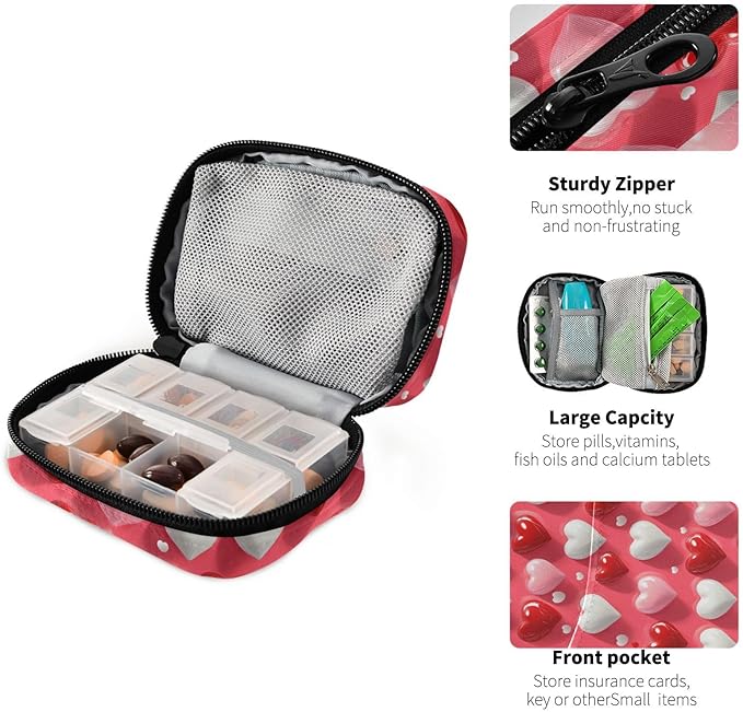 Heart Red Pink Travel Pill Case Bag with Compartments Twill Fabric Organizer with Plastic Inner Box for Medication Vitamins & Supplements