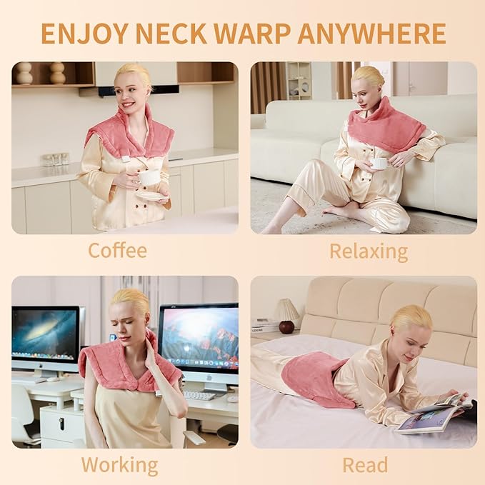 Heating Pad for Neck and Shoulders and Back Pain Relief, Weighted Heat Pad with Dry&Moist Heat, Neck Heating Pads 4 Heat Settings, Auto-Off, Christmas Gifts for Women Men Mom Dad, 19'' x 22'', Pink