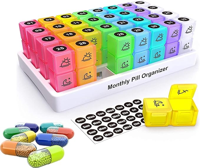 One Month Pill Box Organizer, Large Pill Containers 2 Times A Day Monthly Bpa Free Am and Pm Travel Compact Portable Pill Case, Air-Tight Daily Medicine Holder, 32 Compartments