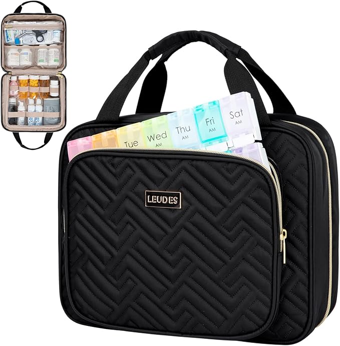 Leudes Travel Pill Bottle Organizer,Medicine Organizer and Storage,Home Medication Bag, Cases,Carrier for Pills,Vitamin,Fish Oil,Supplements for Women and Men (Large, Black)