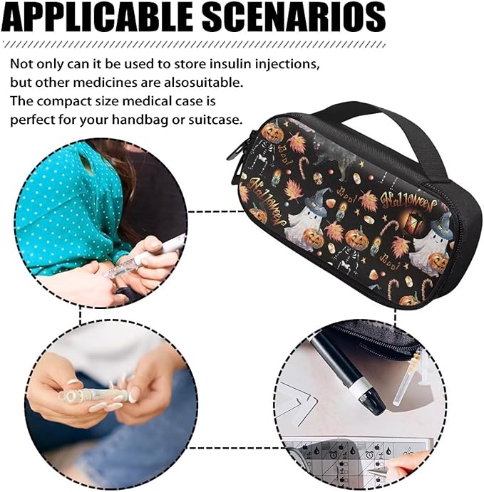 Halloween Ghost Pumpkin Diabetic Supplies Travel Case Glucose Meter Portable Storage Bag Insulin Pen and Medication Carrying Case for Test Strips, Lancets, Syringe, Needles