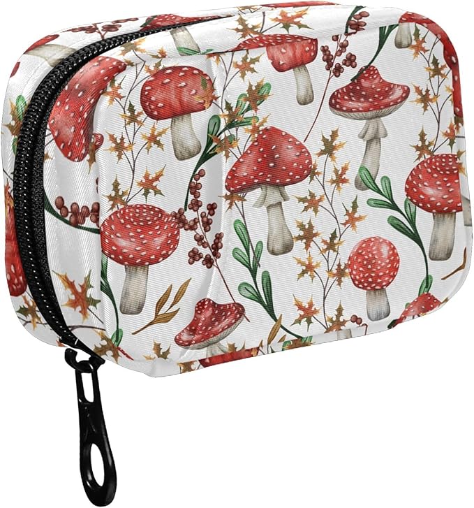 Fustylead Travel Pill Organizer Case Zipper for Purse with Removable Weekly Pill Box for Medicine, Vitamin, Supplement Medicine Organizer (Amanita Mushroom)
