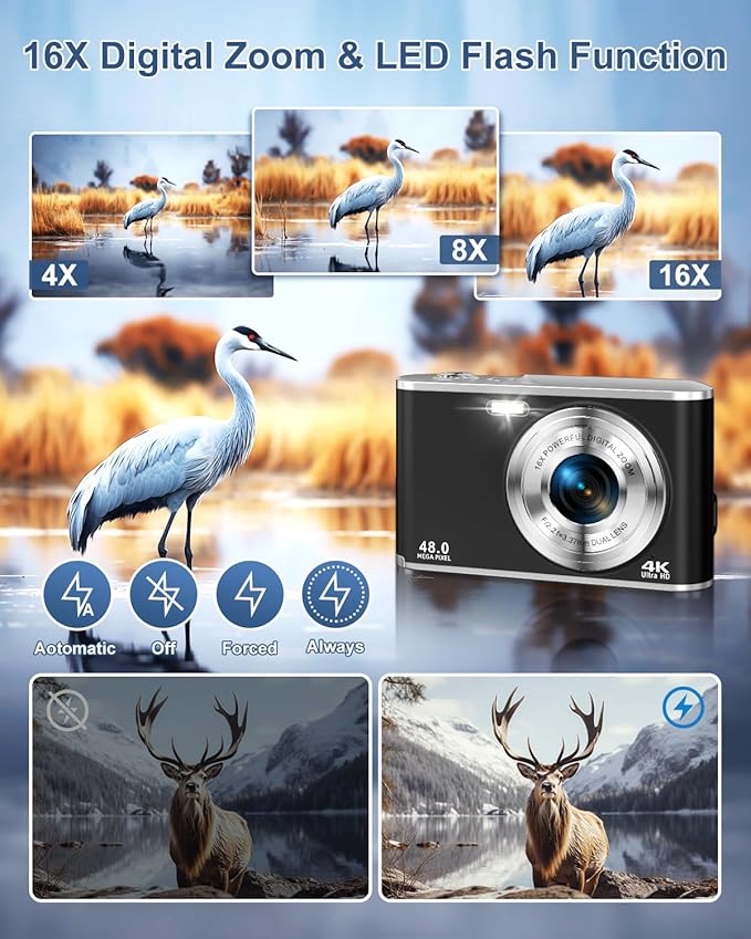 4K Digital Camera for Photography, 48MP Dual Cameras for Photography, 16X Digital Zoom Point and Shoot Cameras with 32GB Card & 2 Batteries Camera for Boys Girls Kids - Black