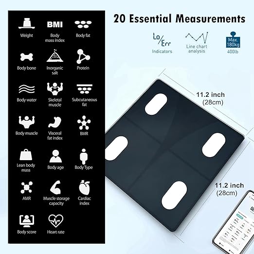 NUTRI FIT Scale for Body Weight and Fat Percentage, Digital Bathroom Smart Bluetooth Scale LED Display, 15 Body Composition Analyzer Baby Weight BMl Health Monitor Sync with App 400lbs - Black
