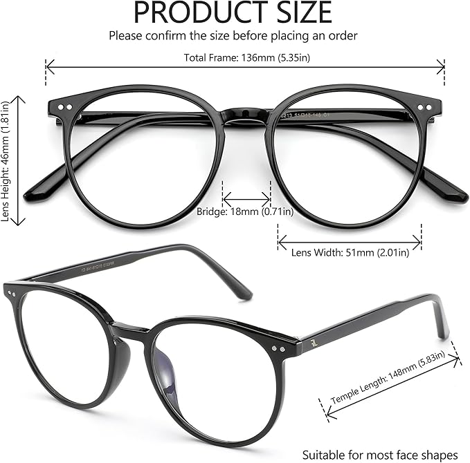 Blue Light Blocking Glasses for Women and Men, Round Frame Computer Gaming Anti Eyestrain & UV Glare RF6213 (Black)