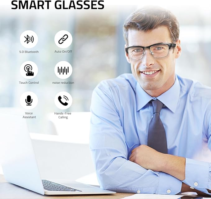 Bluetooth Audio Smart Glasses - Blue Light Glasses for Women and Men, Open Ear Sound with Mic & Speakers, Blue Light Filter & Polarized Sunglasses Lenses，Silver