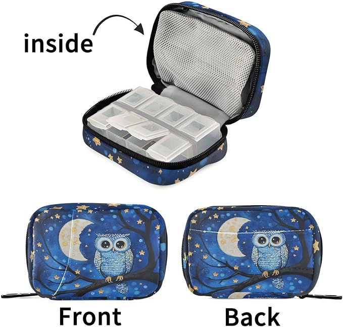 Fustylead Owl Birds on Branch in Night Sky Oil Painting Travel Pill Case Bag with Zipper Weekly Pill Box 8 Compartments 7 Day Personal Pill Case Purse Medicine Case Organizer