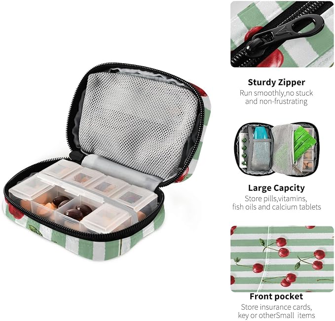 Vertical Green and White Striped Cherries Travel Pill Organizer Case Box Container Weekly Portable Vitamin Medicine Holder Storage Bag with Zipper Removable