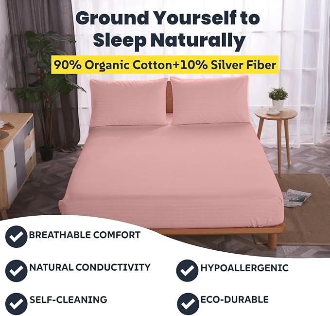 OKOHEY Grounding Fitted Sheets with 15ft Earthing Cord, Twin XL Size, 90% Organic Cotton + 10% Silver Fiber, Soft & Breathable Grounded Sheet for Better Sleep and Enhanced Wellness, Pink