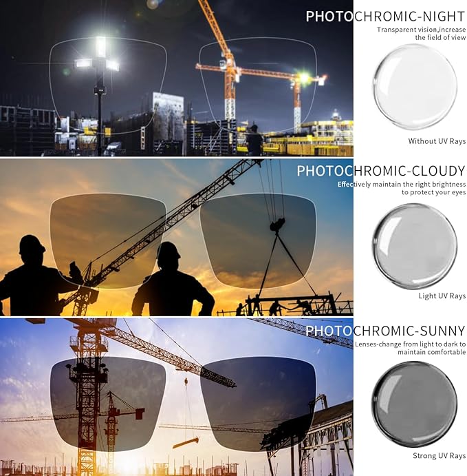 UV400 Photochromic Safety Glasses with Removable Side Shields, Blue Light Blocking