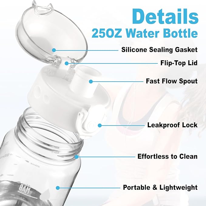 Clear Water Bottle, Wide Mouth Leakproof Water Bottle with Time Marker, 26OZ Plastic Water Bottles, Lightweight for Sports, Travel, White