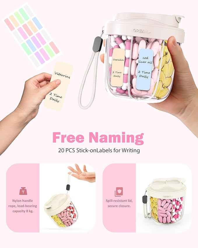 Cute Pill Organizer,Pill Dispenser with 7 Large Compartments,Portable Pill Bottle Box with Wide Opening for Easy Use, Anti-Mix Pills Organizer for Travel,Includes 20 Pcs Sticky Labels(White)