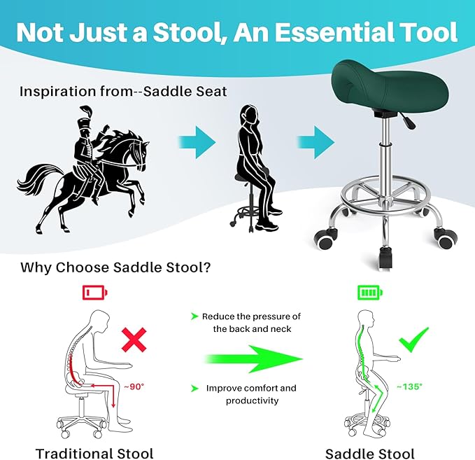 YEEZEE Saddle Stool Ergonomic- Comfortable Rolling Saddle Stool with Wide Thick Saddle Seat Padding, Swivel Adjustable Saddle Chair with Wheels and Ring Pedal for Medical Massage Salon (Green)