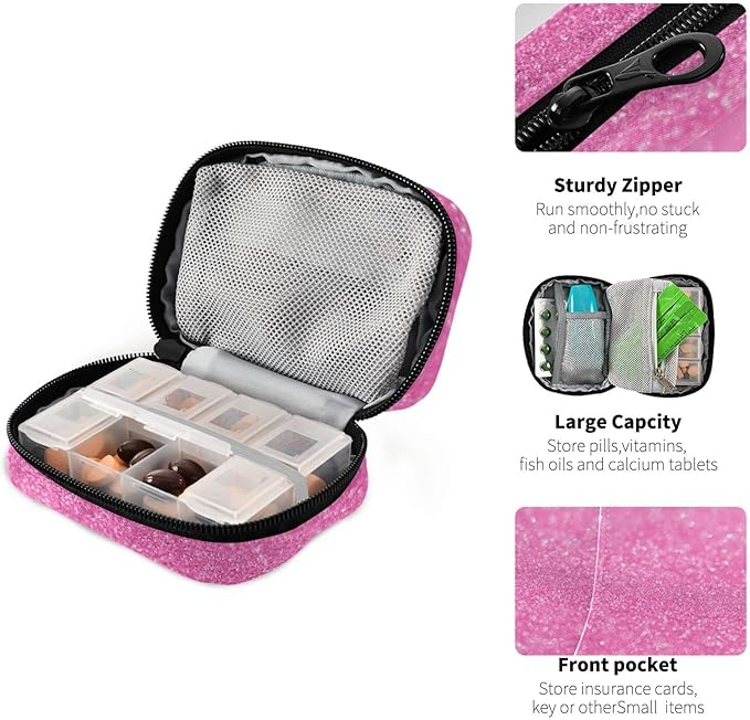Pill Box Pink Glitter Sparkle Print 7 Day Pill Case Travel Pill Organizer Bag with Zipper Portable Weekly Vitamin Medicine Supplement Holder Pouch Bag