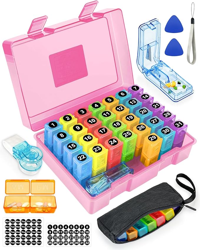 Monthly Pill Organizer 2 Times a Day – Yonlog Large Medicine Box with Weekly Travel Bag, Pill Cutter, Easy-Open Pick, Pill Taker Tool, and 2 Medication Stickers (Pink, 2 Times a Day)