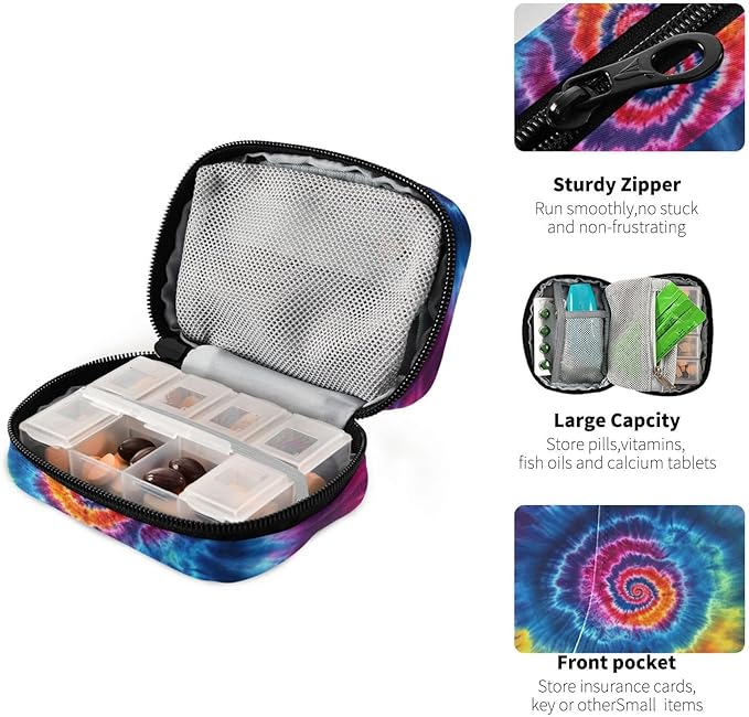 Travel Pill Case Colorful Tie Dye Weekly Small Pill Box 7 Day Pill Box Pill Organizer Bag