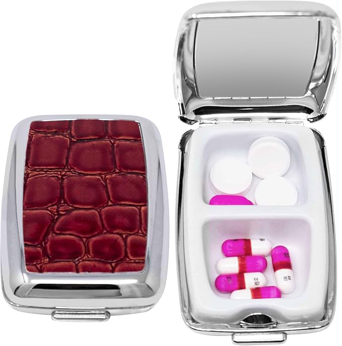 Set of 2 Dual-Compartment Rectangular Pocket Purse Pill Box & Organizer with Insert (Red Faux Crocodile Leather)