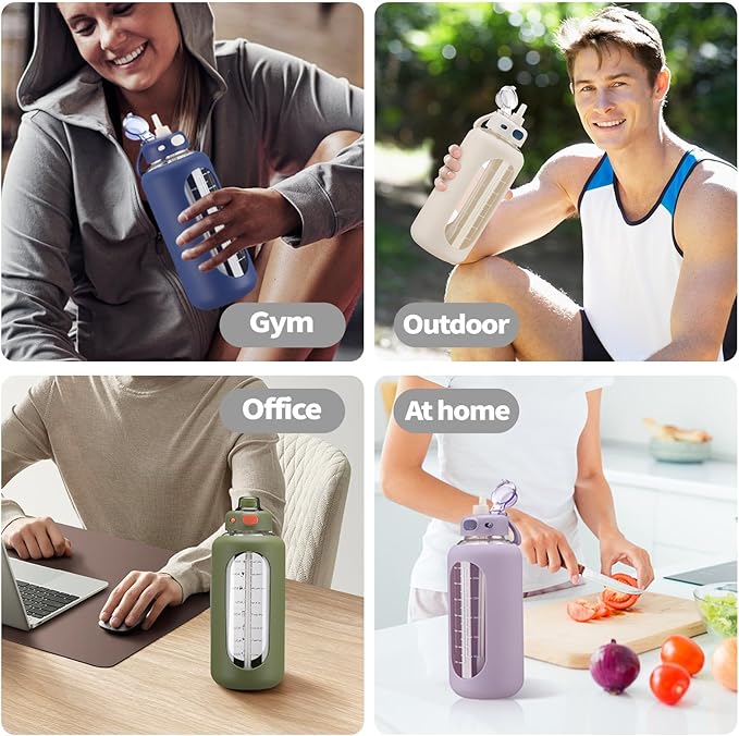 SIEROZUR 64 oz Glass Water Bottle with Straw and Handle Half Gallon Large Water Bottle with Silicone Sleeve and Time Marker Sports Water Jug Wide Mouth for Travel Gym