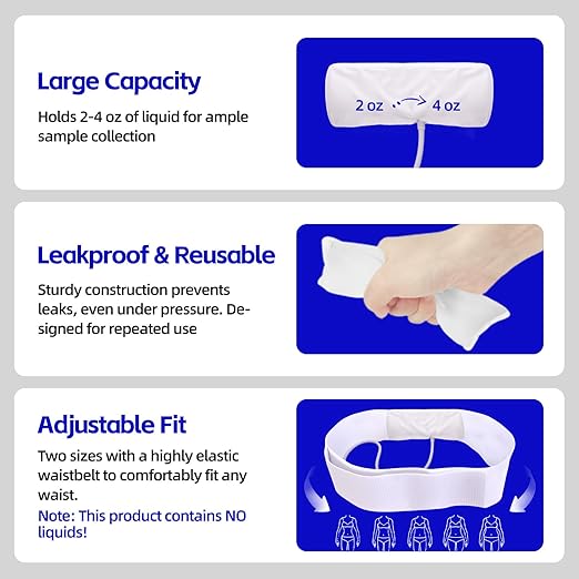 Urine Test Complete Kit with 2 to 4 oz Concealed Pouch, Stretchable 43.3 Inch Belt, 5 Liquid Release Outlets, 10 Temperature Strips, Silicone Funnel, Clamps and Plug Reusable Liquid Storage White