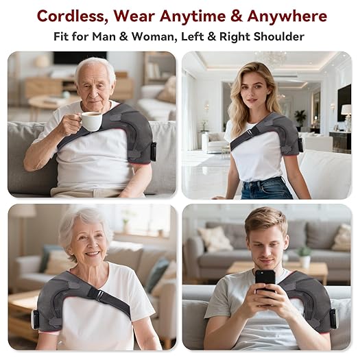 Cordless Shoulder Heating Pad with Massage, Red Light Massager for Soothe Discomfort, Heated Support Wrap for Muscle Comfort, Men & Women. (Grey)
