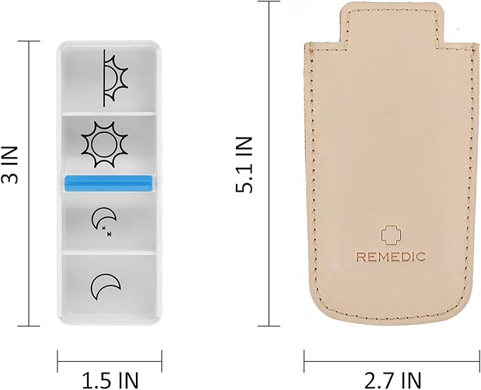 Remedic Daily Pill Dispenser BPA-Free Large Clear Compartments Travel Medicine Organizer Case with Slide Open 4-Times-a-Day Vitamins Supplements Holder Gift Set Include Leather Sleeve…