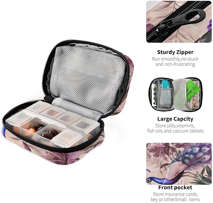 Pink Peacock Tropical Leaf Travel Pill Organizer Case Box Container Weekly Portable Vitamin Medicine Holder Storage Bag with Zipper Removable