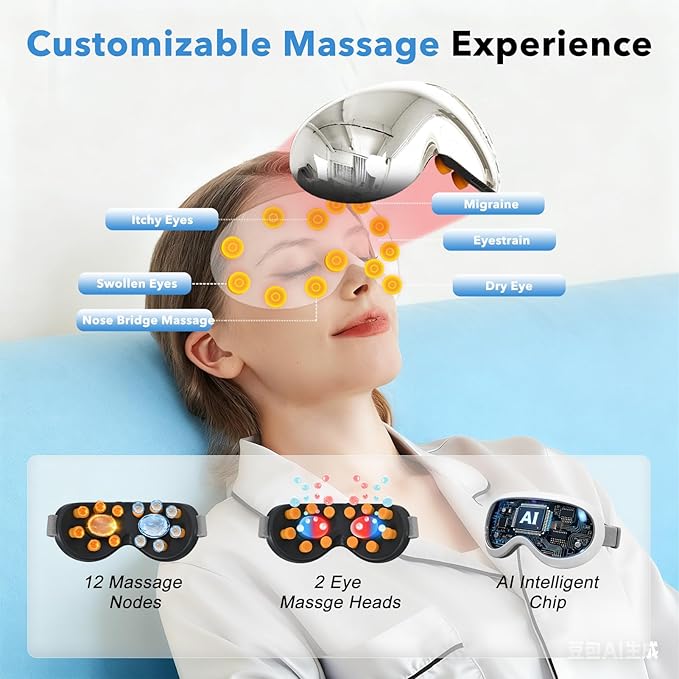 Eye Massager with Heat and Cooling for Migraines – 14 Massage Nodes for Eye Strain Relief, Rechargeable Bluetooth Music, Improve Sleep,Eye Strain Relief, Birthday Gifts for Women and Men(sliver)