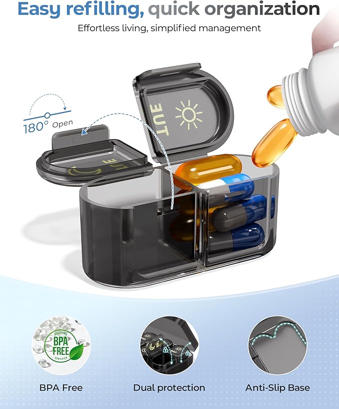 Weekly Pill Organizer 7 Day AM PM - Travel Pill Box 2 Times a Day with One-Hand Easy-Open Lid, 14 Compartments Portable Medicine Case for Daily Vitamins, Fish Oil, Pills and Supplements