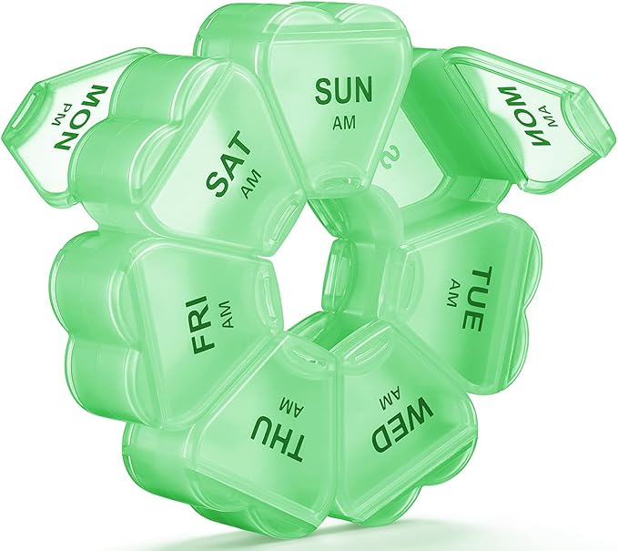 Weekly Pill Organizer, 7 Day AM/PM Pill Box with 14 Compartments, 2 Times a Day Travel Pill Case for Vitamins, Medicine, Fish Oil & Supplements (Green)