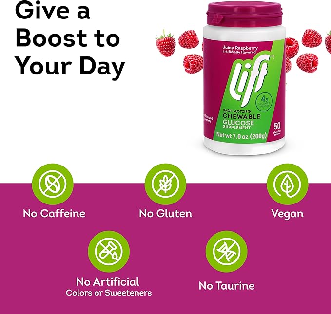 Lift Glucose | Fast-Acting Glucose Chewable Energy Tablets | Raspberry | 50 ct Jar (Pack of 6)