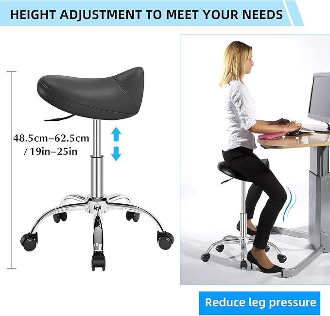 Ergonomic Saddle Stool Chair,Adjustable Height Swivel Saddle Chair-Adjustable Stool with Wheels,Hydraulic Heavy-Duty Saddle Stool Rolling Chair for Clinic Dentist Spa Massage Salons Studio(Matte )