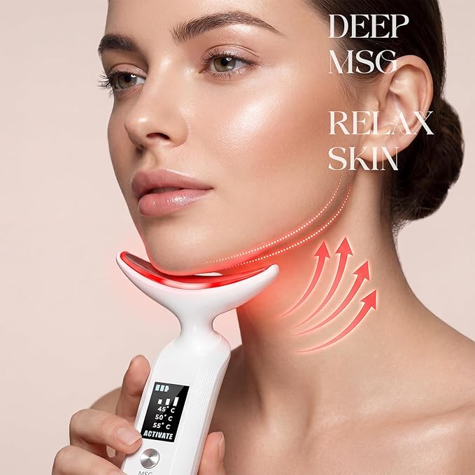 Face Massager with Led Light: 9-Color Facial Device - Neck Wrinkles Tightening Wand - Vibration Tool for Skin Care, White