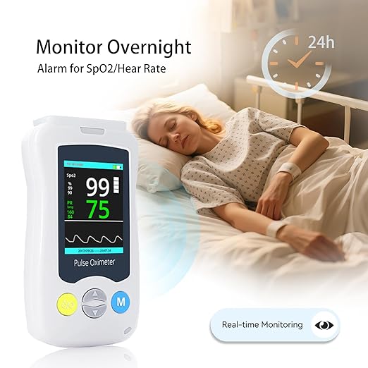 Continuous Pulse Oximeter Fingertip, Medical Grade Accuracy Fast Reading SpO2 Pulse Rate Blood Oxygen Saturation Monitor Handheld 500 Data Storage Overnight Pulse Oximeters with Adjustable Alarm