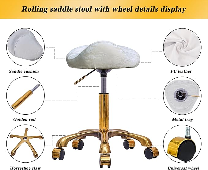 Saddle Stool Gold Rolling Stool with Wheels, PU Leather Roller Vanity Chair, Height Adjustable Swivel Saddle Chair for Pedicure, Tattoo, Massage, Salon, Spa (White)