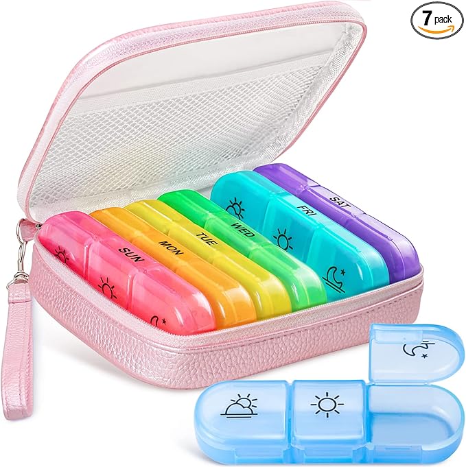 Cute Pill Organizer 3 Times a Day, Large Daily Pill Case for Women, Portable Pill Box 7 Day for Purse with Bag & Zipper to Hold Vitamins, Medications, Fish Oils, Supplements (Pink)