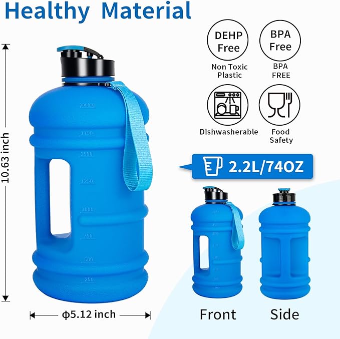 TOOFEEL 2 Liter Water Bottles - Half Gallon BPA Free - Ideal for Gym, Reusable Large Water Bottle with Measurements Marked - 74 oz Matte Blue
