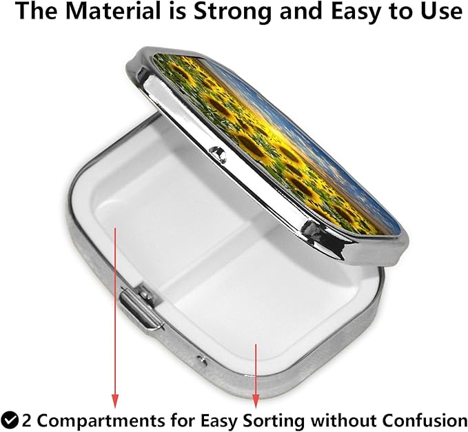 ABLESKY Pill Box, 2 Compartment Pill Organizer Case for Pocket or Purse, Small Portable Metal Travel Medicine Box with Mirror, Daily Vitamins Fish Oil Container-Sunflower