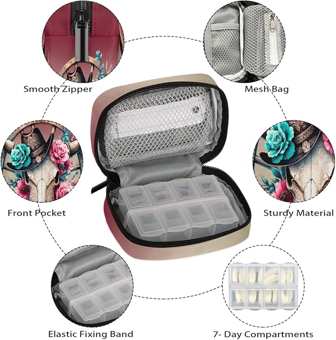 Western Cowboy Skull Pill Case Travel Pill Organizer Weekly 7 Day Portable with Zipper Medicine Box Pill Case for Vitamins, Birth Control,Fish Oils,Medication, Supplements