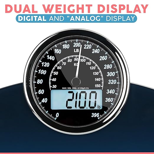 Adamson Hybrid 2-in-1 Analog & Digital Weighing Scale for Body Weight up to 400lbs - Thick Tempered Glass - Extra Large Display - Easy to Read Digital Bathroom Scale - Blue with Black Backlight