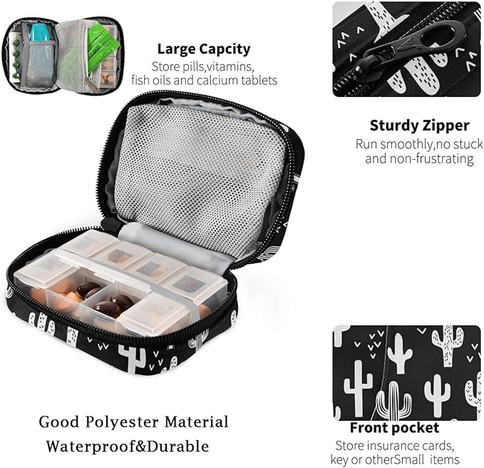 Fustylead Black and White Fun Western Cactus Travel Pill Organizer Bag with Zipper Small Pill Box 7 Day Pill Case for Purse Storage Weekly Vitamin Medicine Supplement