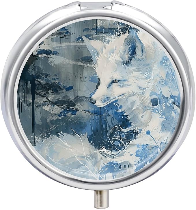 Anime White Fox Pill Box Travel Pill Case for Purse Pocket Weekly Medicine Organizer with Mirror 3 Compartment Round Medicine Case Portable PillcaseHolder for Daily