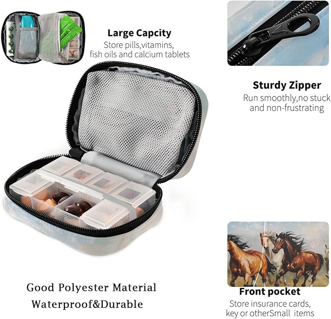 Fustylead Horses Galloping on The Grassland Oil Painting Pill Organizer Case with Zipper 2 Times A Day for Vitamin and Supplement, 7 Day Travel Organizer Medicine Case
