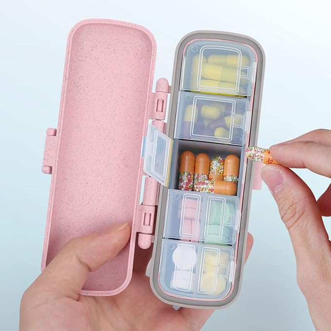 Naturetouch Pill Organizer, 7 Compartments Pill Box Portable Travel Medicine Organizer for Purse or Pocket 7 Day Pill Dispenser Storage Case with Lock for Vitamin Medication Fish Oil Supplements Pink