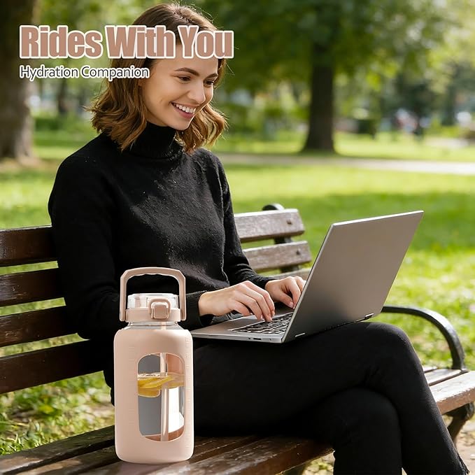 BLUEGO 84oz Glass Water Bottle with Straw and Handle, Large Water Bottle with Sip & Chug Lid, 2.5L Water Jug Silicone Sleeve with Time, Full Day Drinking Bottle for Sports BPA Free, Amber