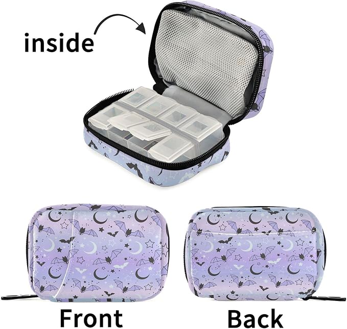 Pill Box Purple Bat Moon 7 Day Pill Case Travel Pill Organizer Bag with Zipper Portable Weekly Vitamin Medicine Supplement Holder Pouch Bag