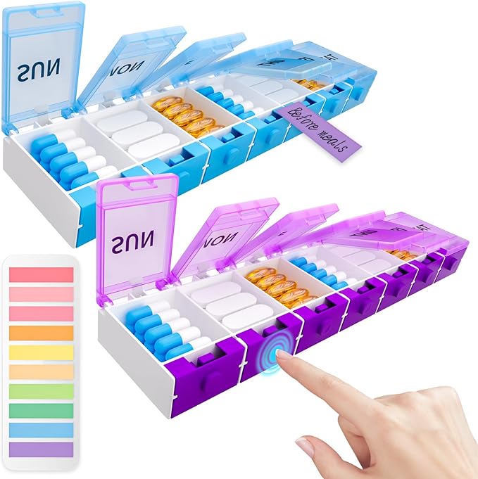 2 Pack Push Button Weekly Pill Organizer 2 Times a Day, Medicine Pill Organizer, Pill Box Case 7 Day AM PM, Pill Container for Vitamins, Fish Oil, Supplements Medication（Blue+Purple